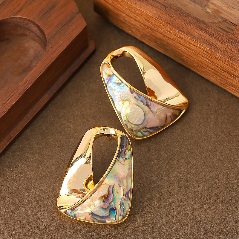 Fine Jewelry S925 Sterling Silver Post Gold Geometric Irregular Twist Paua Shell Chunky Hoop Earrings for Women Girls Boho Beach Party Drop Earrings Jewelry Gifts - Image 2