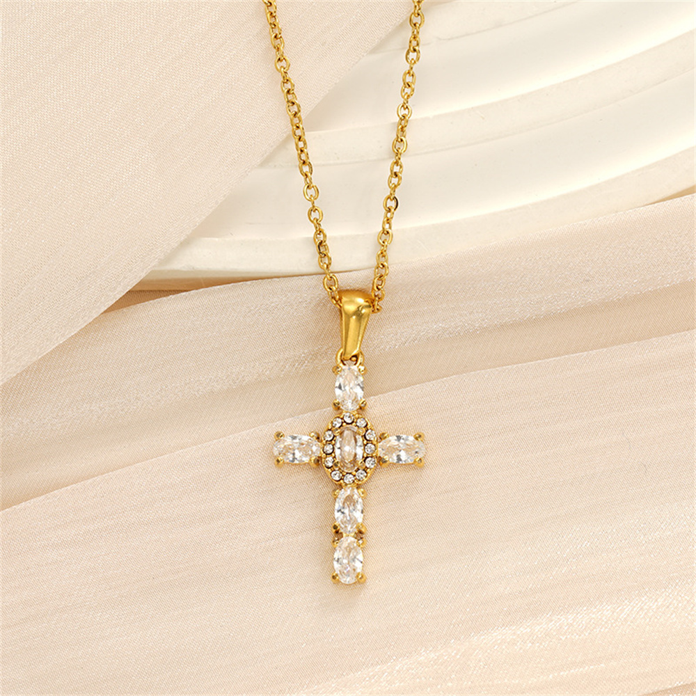 Luxury 18K Gold Plated Stainless Steel Paved Cubic Zirconia Cross Pendant Necklace for Women Trendy Link Chain 18 Inches Choker Neckalces Birthday Wedding Jewelry Gifts - Image 5