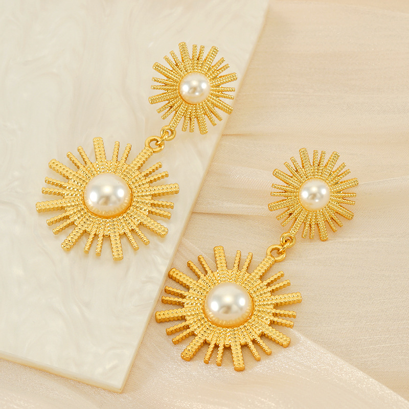 Exaggerated Boho18K Gold Plated Stainless Steel Paved Pearl Double Sun Drop Dangle Earrings for Women Holidy Party Show Trendy Jewelry Accessories - Image 2