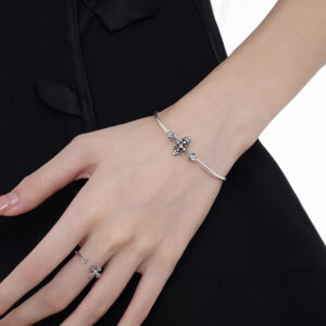 Fine Jewelry Vintage S925 Sterling Silver Rhinestone Cross Cuff Bracelet Bangle for Women Cross Open Bangles for Women Girls Gifts