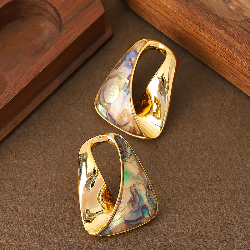 Fine Jewelry S925 Sterling Silver Post Gold Geometric Irregular Twist Paua Shell Chunky Hoop Earrings for Women Girls Boho Beach Party Drop Earrings Jewelry Gifts - Image 3