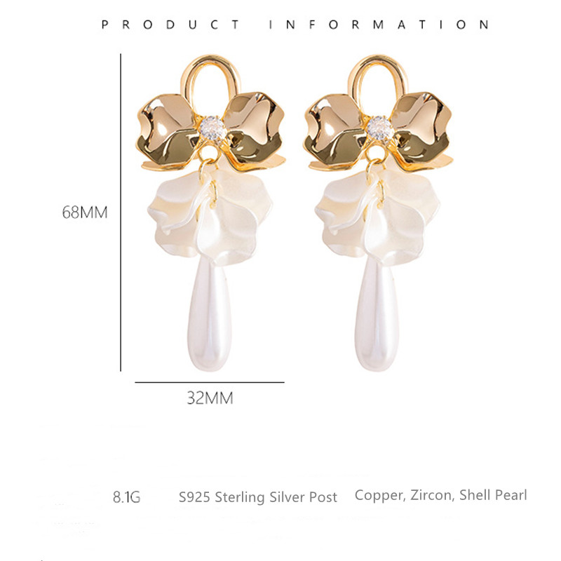 Fine Jewelry S925 Sterling Silver Post 18K Gold plated Hoops with Zircon Flower Stud Earrings Dangle Shell Flower Pearl Drop Earrings for Women - Image 3