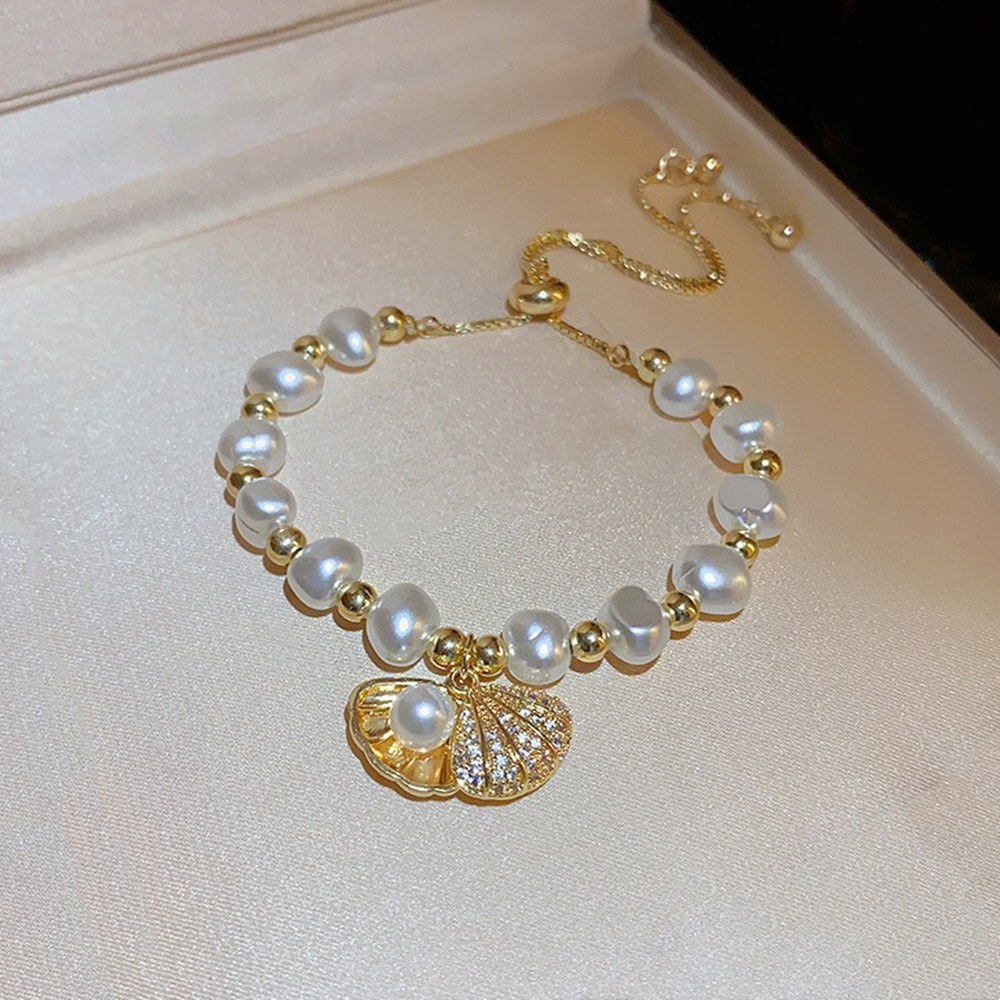 Dainty Irregular Imitation Pearl Bracelet for Women with Rhinestone Shell Charm Bracelets for Girls Gold Adjustable Bracelet Jewelry Gifts - Image 4