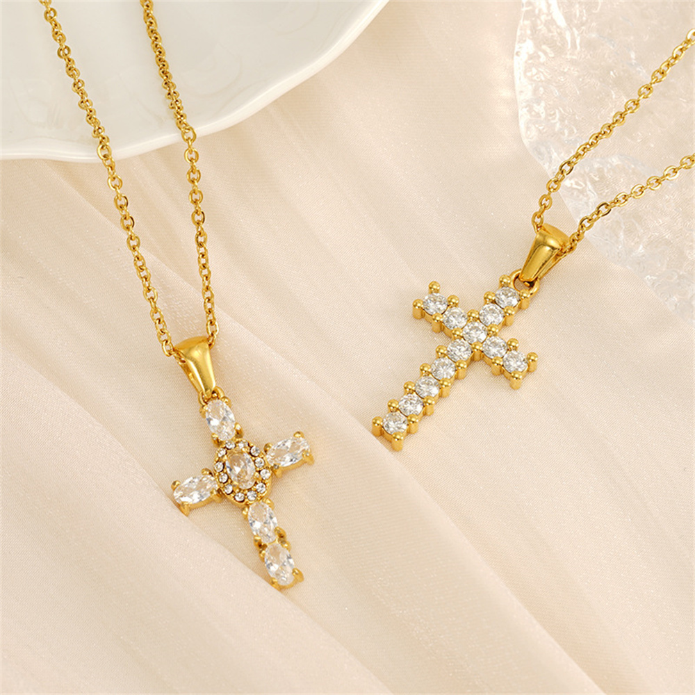 Luxury 18K Gold Plated Stainless Steel Paved Cubic Zirconia Cross Pendant Necklace for Women Trendy Link Chain 18 Inches Choker Neckalces Birthday Wedding Jewelry Gifts - Image 2