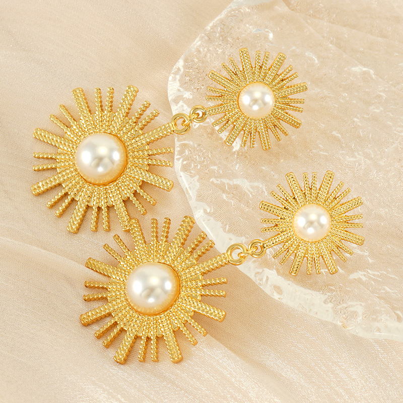 Exaggerated Boho18K Gold Plated Stainless Steel Paved Pearl Double Sun Drop Dangle Earrings for Women Holidy Party Show Trendy Jewelry Accessories - Image 3