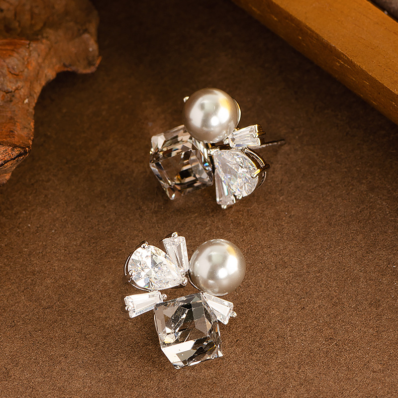 925 Sterling Silver Post Stud Earrings CZ Cubic Zirconia Pearl Crystal Square Cube Stud Earrings for Women Girls Wedding Party Jewelry Gifts - Image 3