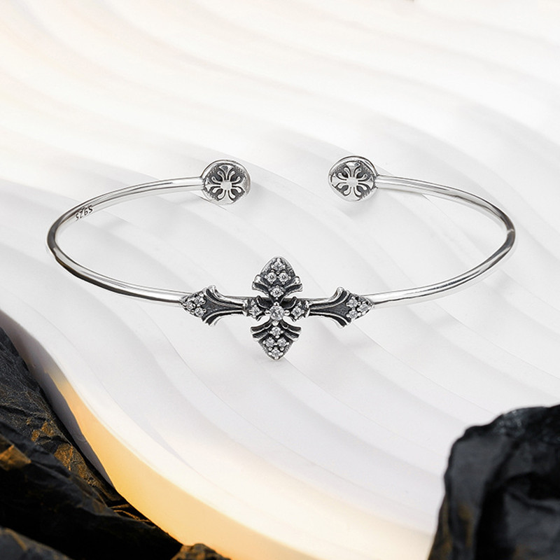 Fine Jewelry Vintage S925 Sterling Silver Rhinestone Cross Cuff Bracelet Bangle for Women Cross Open Bangles for Women Girls Gifts - Image 4