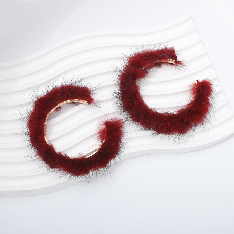 Dainty Soft Fluffy Open Hoop Earrings for Women Girls Red Hairy Fur C Shape Loops Drop Earrings for Ladies Fall Fashion Chic Jewlry Gifts - Image 4