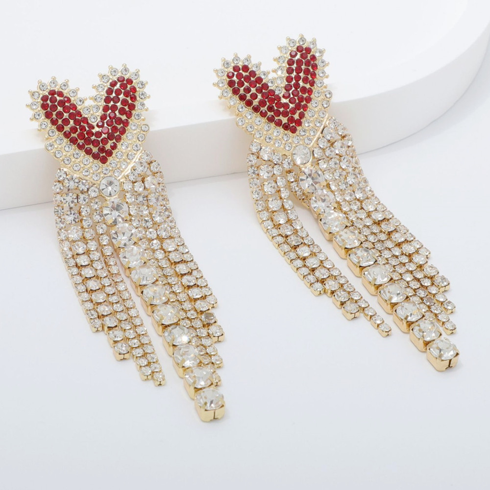 Dainty Red Rhinestone Love Heart Stud Earrings Dangling Crystal Tassel Earrings for Women Girls Wedding Party Jewelry Accessories - Image 3