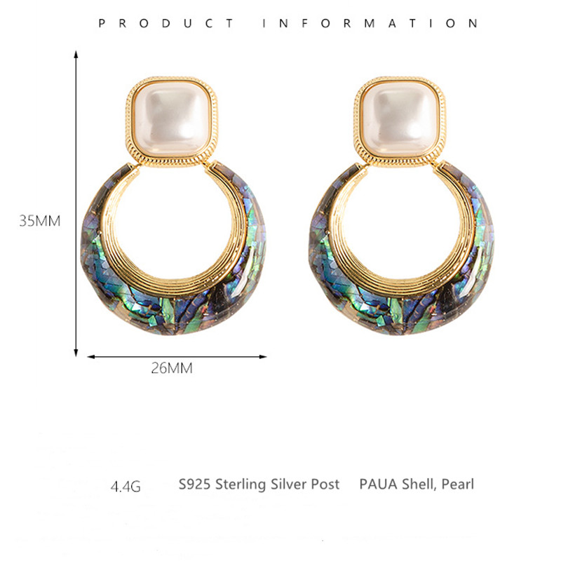 Fine Jewelry 925 Sterling Silver Post Square Pearl Stud Earrings Dangle Geometric Hollow Circle Round Paua Shell Drop Earrings for Women Girls Boho Beach Party Trendy Jewelry - Image 4
