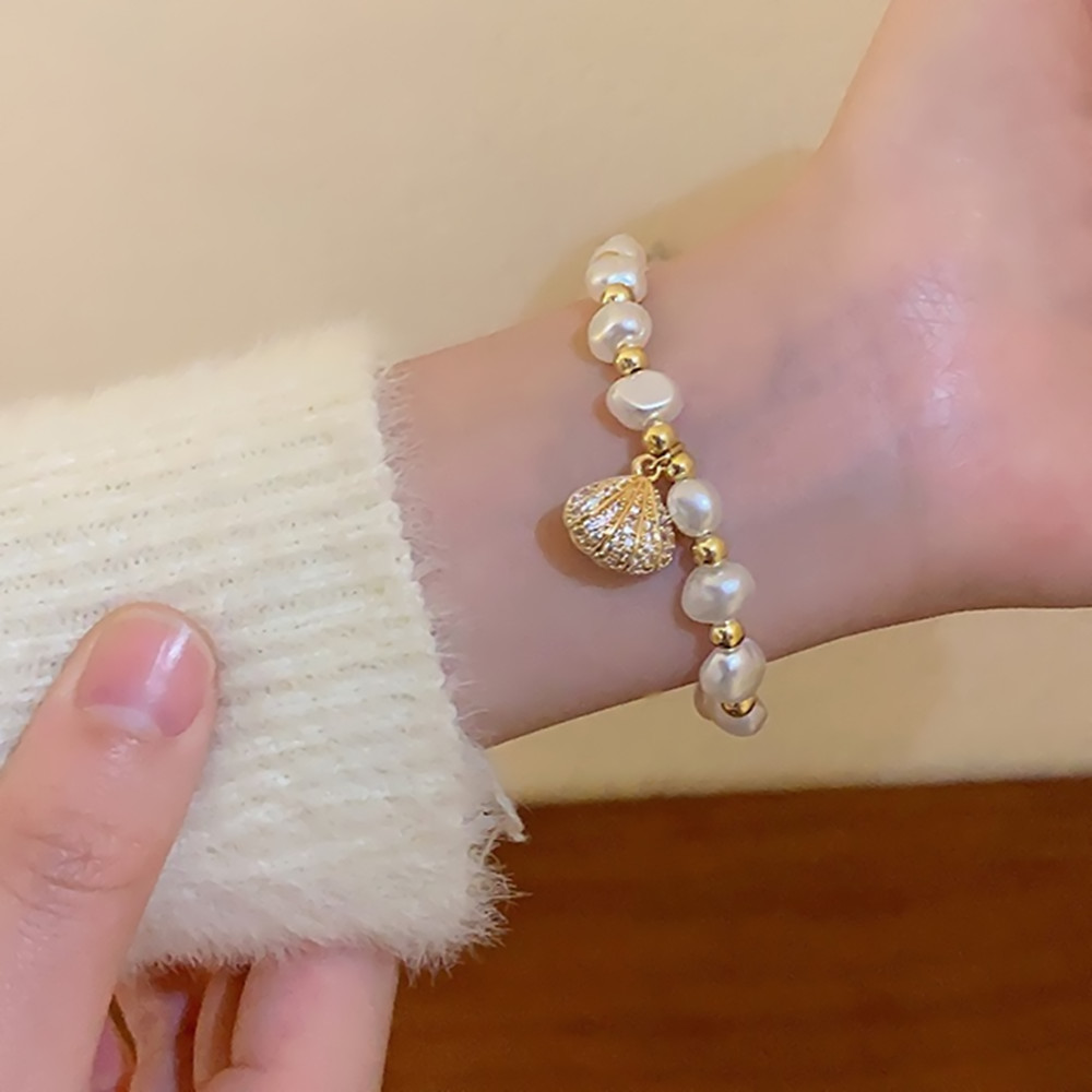 Dainty Irregular Imitation Pearl Bracelet for Women with Rhinestone Shell Charm Bracelets for Girls Gold Adjustable Bracelet Jewelry Gifts - Image 5