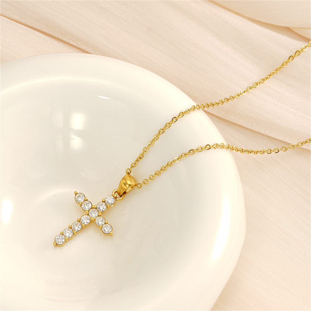 Luxury 18K Gold Plated Stainless Steel Paved Cubic Zirconia Cross Pendant Necklace for Women Trendy Link Chain 18 Inches Choker Neckalces Birthday Wedding Jewelry Gifts - Image 3