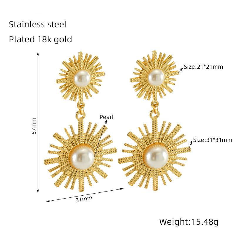 Exaggerated Boho18K Gold Plated Stainless Steel Paved Pearl Double Sun Drop Dangle Earrings for Women Holidy Party Show Trendy Jewelry Accessories - Image 5