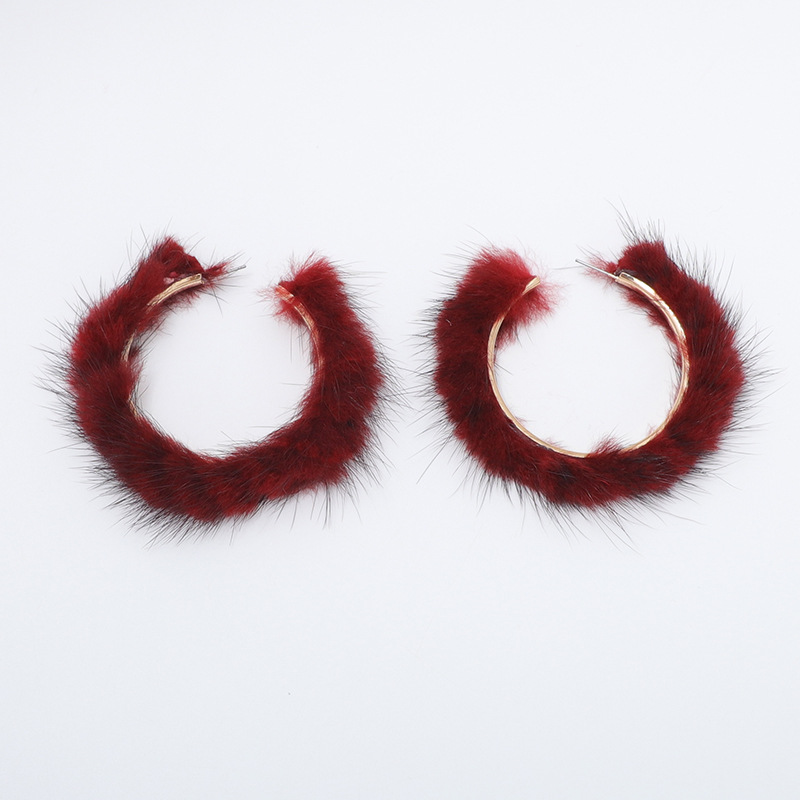 Dainty Soft Fluffy Open Hoop Earrings for Women Girls Red Hairy Fur C Shape Loops Drop Earrings for Ladies Fall Fashion Chic Jewlry Gifts - Image 5