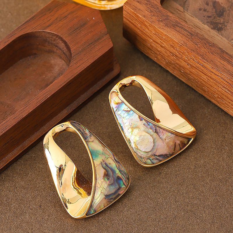 Fine Jewelry S925 Sterling Silver Post Gold Geometric Irregular Twist Paua Shell Chunky Hoop Earrings for Women Girls Boho Beach Party Drop Earrings Jewelry Gifts - Image 5