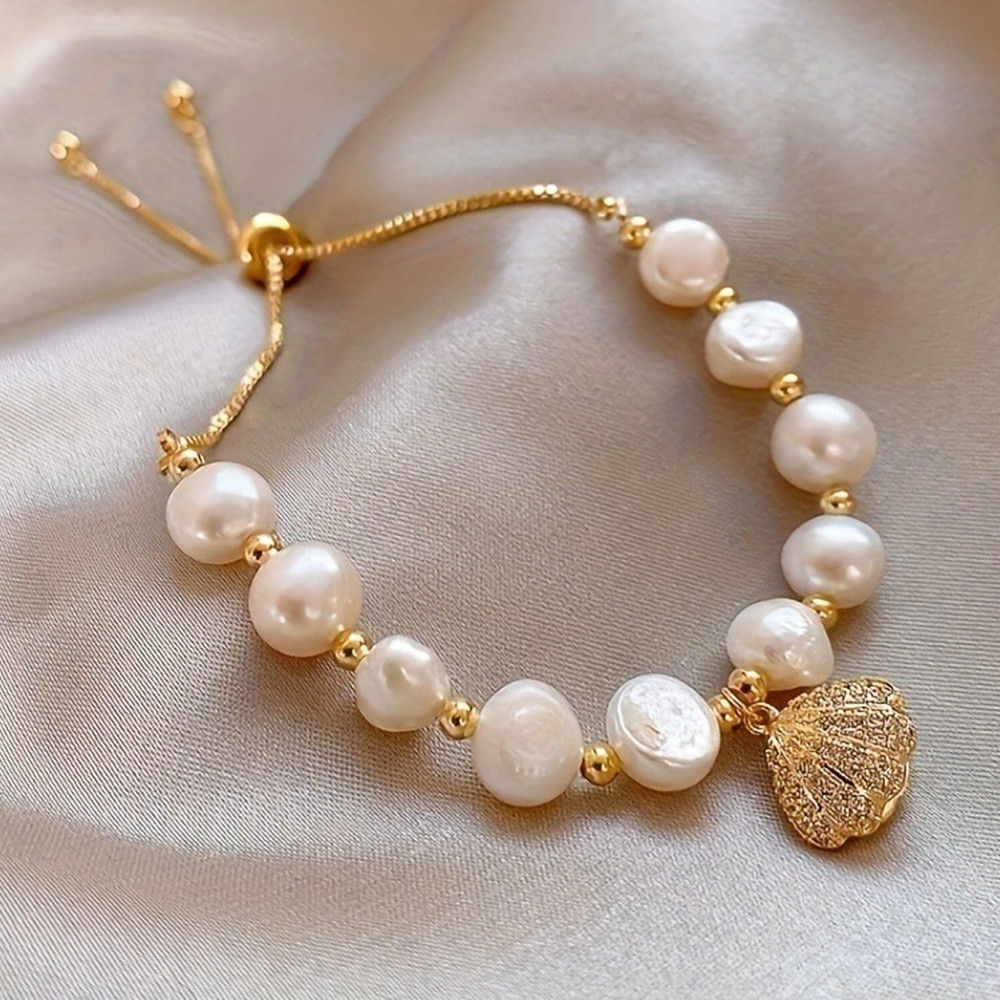 Dainty Irregular Imitation Pearl Bracelet for Women with Rhinestone Shell Charm Bracelets for Girls Gold Adjustable Bracelet Jewelry Gifts - Image 2