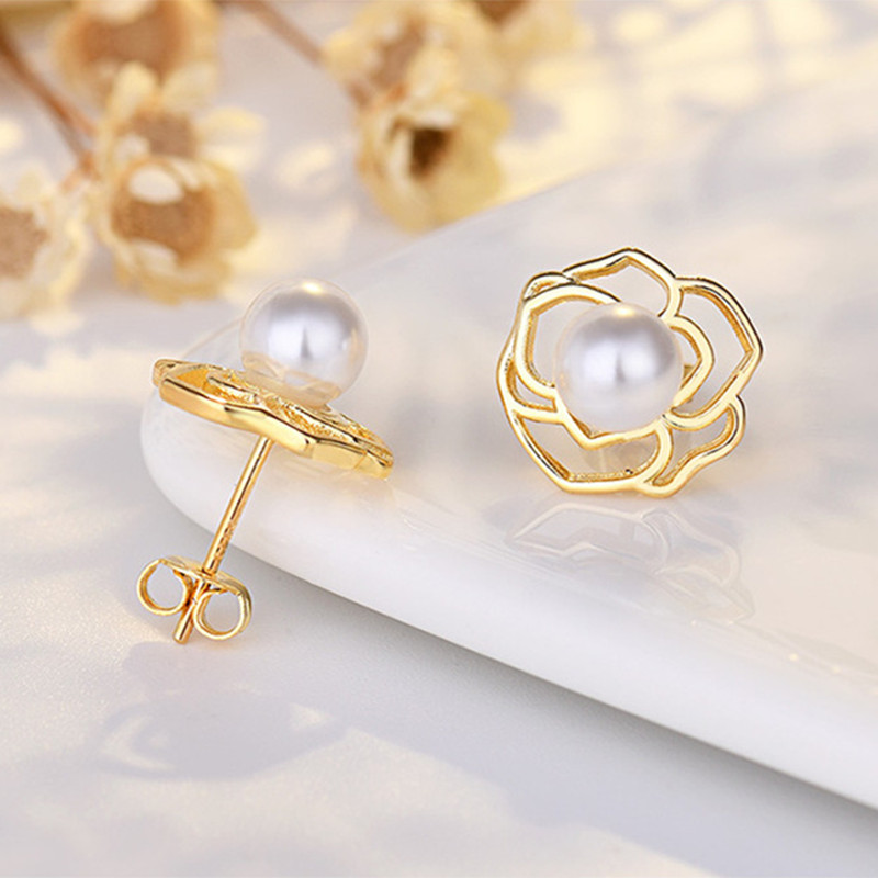 Dainty 18K Gold Flower Stud Earrings for Women Trendy White Gold Flower Pearl Earrings for Girls Wedding Party Earrings Jewelry - Image 5