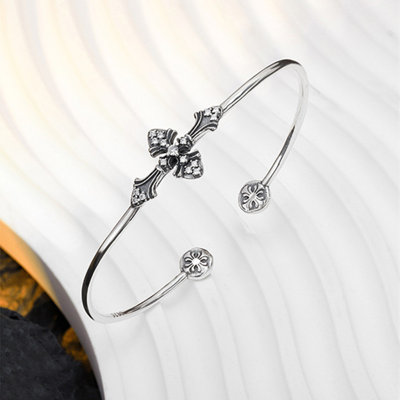 Fine Jewelry Vintage S925 Sterling Silver Rhinestone Cross Cuff Bracelet Bangle for Women Cross Open Bangles for Women Girls Gifts - Image 5
