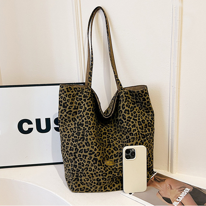 Chic Brown Leopard Print Large Canvas Bag for Women Custom Logo Tote Bags Trendy Shoulder Bags Ladies Handbags - Image 6