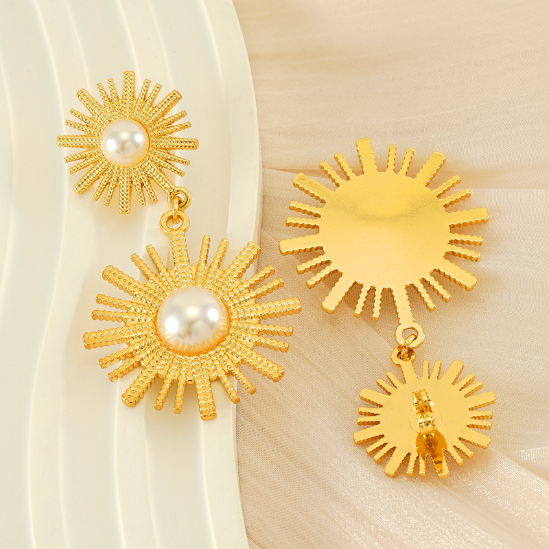 Exaggerated Boho18K Gold Plated Stainless Steel Paved Pearl Double Sun Drop Dangle Earrings for Women Holidy Party Show Trendy Jewelry Accessories - Image 6