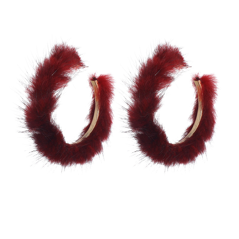 Dainty Soft Fluffy Open Hoop Earrings for Women Girls Red Hairy Fur C Shape Loops Drop Earrings for Ladies Fall Fashion Chic Jewlry Gifts - Image 2