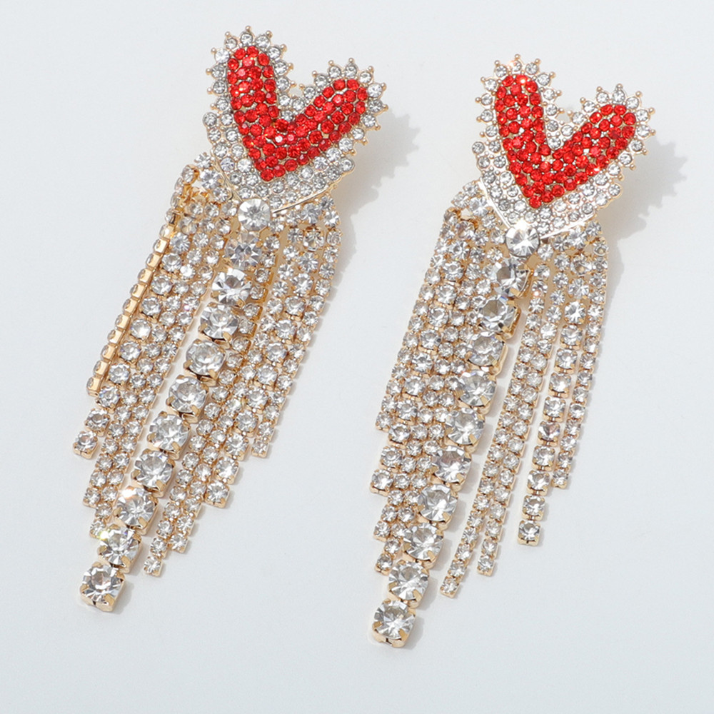 Dainty Red Rhinestone Love Heart Stud Earrings Dangling Crystal Tassel Earrings for Women Girls Wedding Party Jewelry Accessories - Image 6