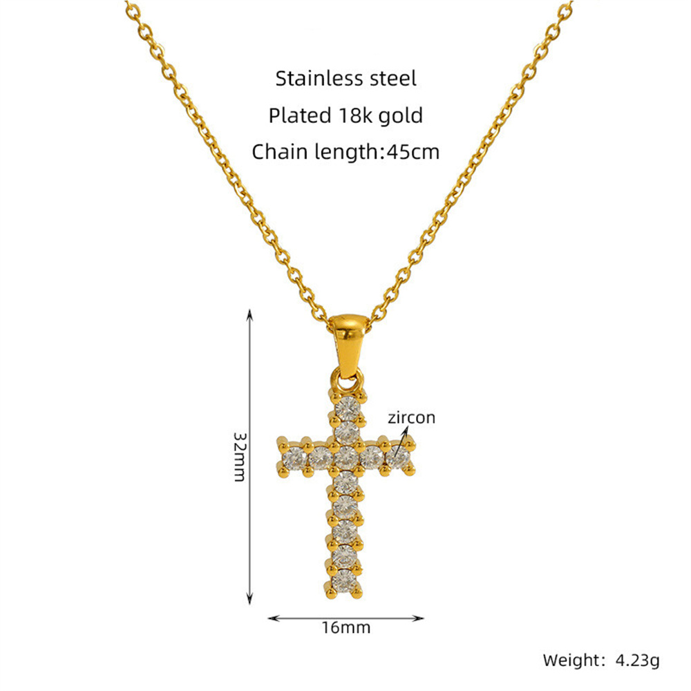 Luxury 18K Gold Plated Stainless Steel Paved Cubic Zirconia Cross Pendant Necklace for Women Trendy Link Chain 18 Inches Choker Neckalces Birthday Wedding Jewelry Gifts - Image 4