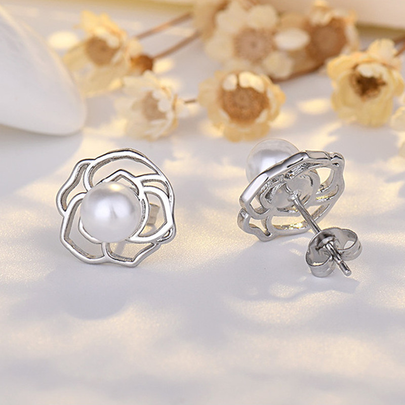 Dainty 18K Gold Flower Stud Earrings for Women Trendy White Gold Flower Pearl Earrings for Girls Wedding Party Earrings Jewelry - Image 6