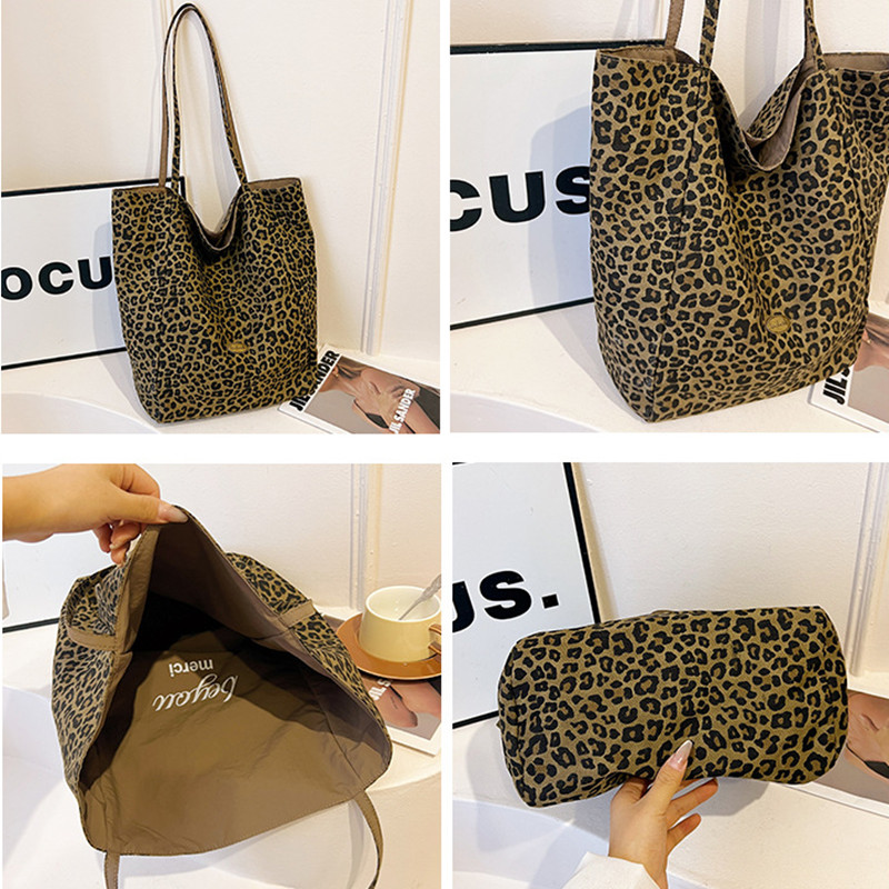 Chic Brown Leopard Print Large Canvas Bag for Women Custom Logo Tote Bags Trendy Shoulder Bags Ladies Handbags - Image 7