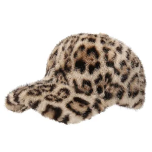 Leopard Print Plush Duckbill Cap Soft Furry Fall Winter Warm Cap Chic Baseball Cap Vintage Outdoor Sports Adjustable Cap for Women Girls