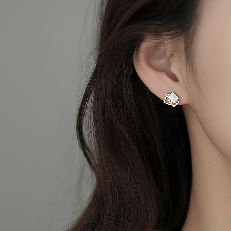 Delicate Silver Geometric Stud Earrings for Women Unique Soft Enamel Mini Triple Square Stacked Studs Earrings for Women Girls Party Wedding Birthday Gifts