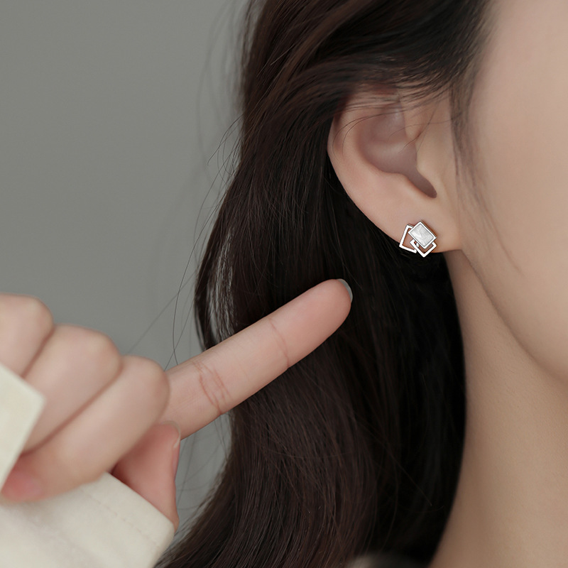 Delicate Silver Geometric Stud Earrings for Women Unique Soft Enamel Mini Triple Square Stacked Studs Earrings for Women Girls Party Wedding Birthday Gifts - Image 4