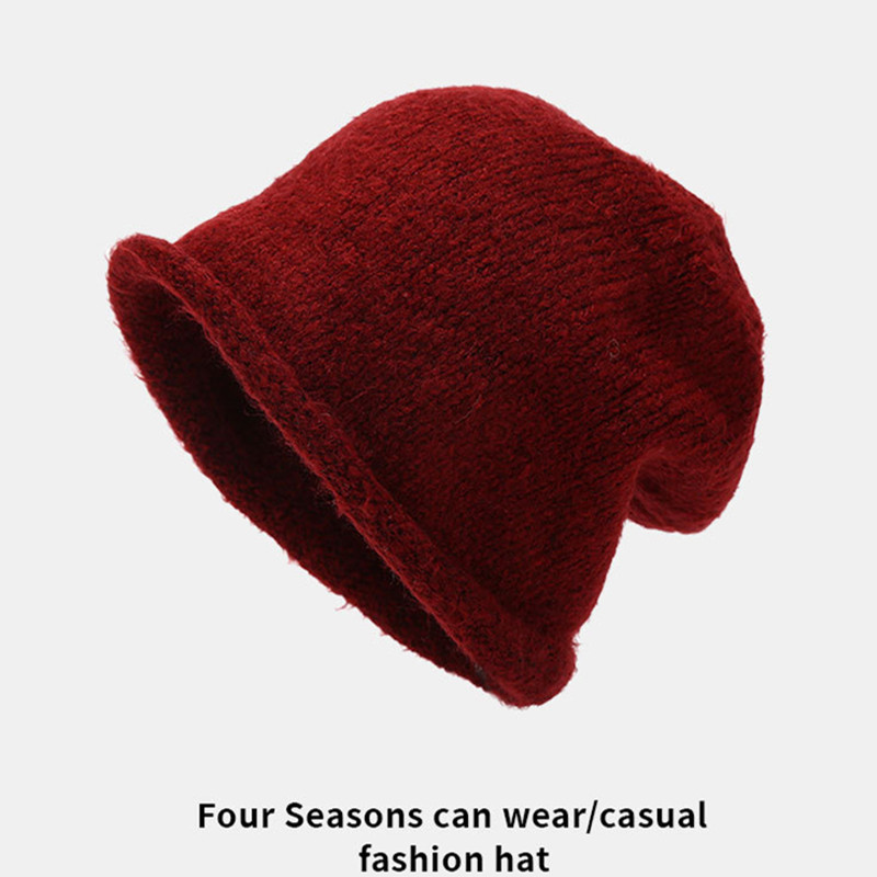 Fashionable Boys Girls Curled Edge Knitted Pile Beanie Cap Fall Winter Warm Acrylic Woolen Hat Solid Chunky Knitted Beanie Hat - Image 6