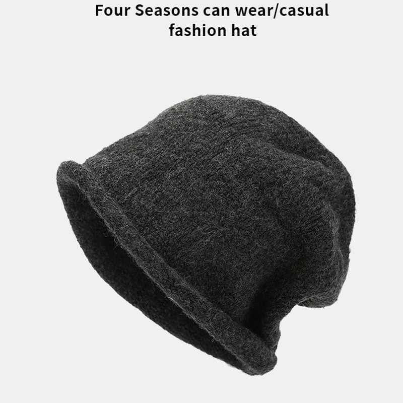 Fashionable Boys Girls Curled Edge Knitted Pile Beanie Cap Fall Winter Warm Acrylic Woolen Hat Solid Chunky Knitted Beanie Hat - Image 7