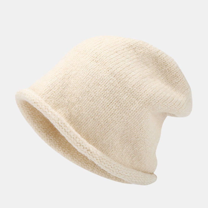 Fashionable Boys Girls Curled Edge Knitted Pile Beanie Cap Fall Winter Warm Acrylic Woolen Hat Solid Chunky Knitted Beanie Hat - Image 4