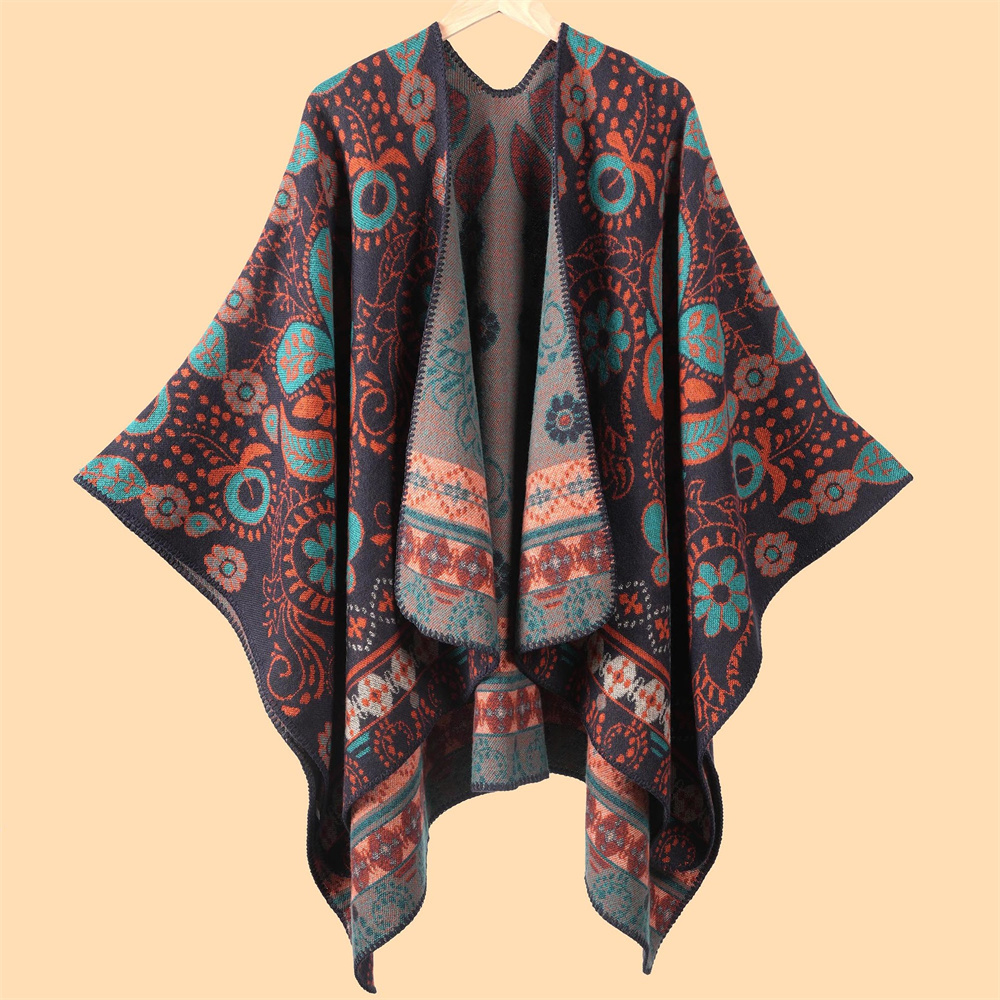 Women’s Colorful Cashew Shawl Wrap Open Front Knitting Jacquard Poncho Cape Thick and Warm Fall Winter Blanket for Women - Image 2