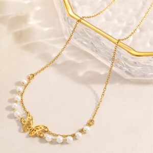 18K Gold Stainless Steel Butterfly Pendant Necklaces Pearl Chain Necklace