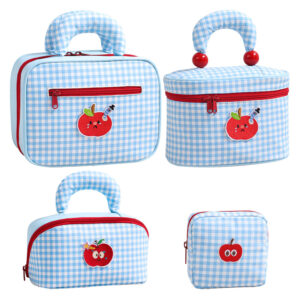 Cute Blue and White Checkered Makeup Bag Travel Cosmetic Bag Red Apple Emoji Sticker Organizer Toiletry Bag Fun Make Up Bags for Women Girls