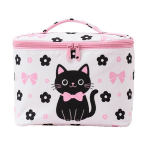 Cute Black Cat Bow Flower Printed Makeup Bag Cosmetic Bag Travel Toiletry Bag Large Capacity Storage Bag for Women Girls
