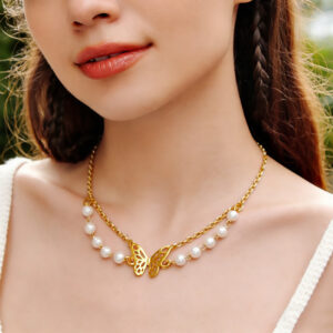Pearl Chain and 18K Gold Butterfly Pendant Neckalces