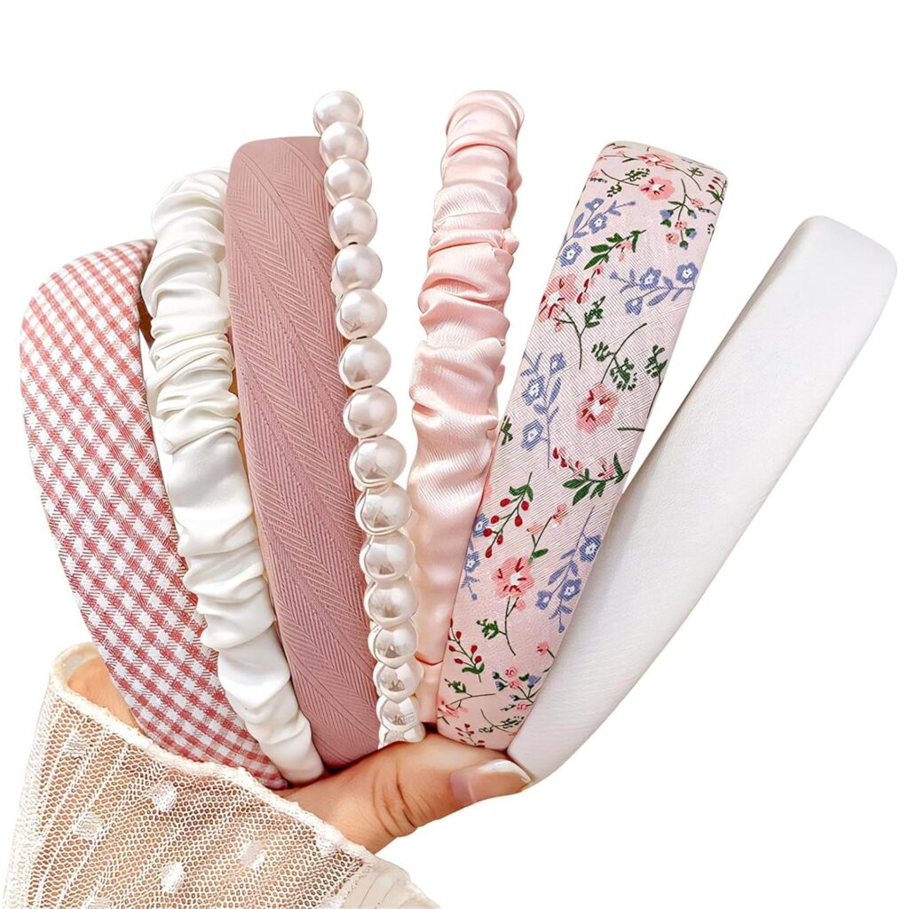7pc Set - Non Slip Floral Padded Headbands Cute Pearl Headband for Girls Vintage Wide Headband
