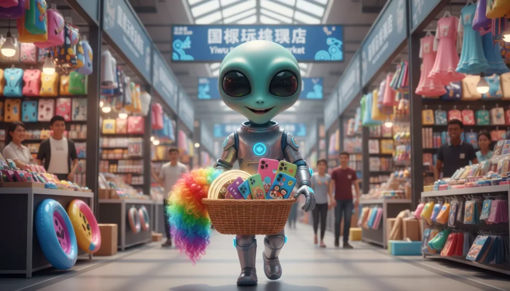 Friendly cartoon alien shopping for LED lights, phone cases, and wigs at Yiwu International Trade Market in China