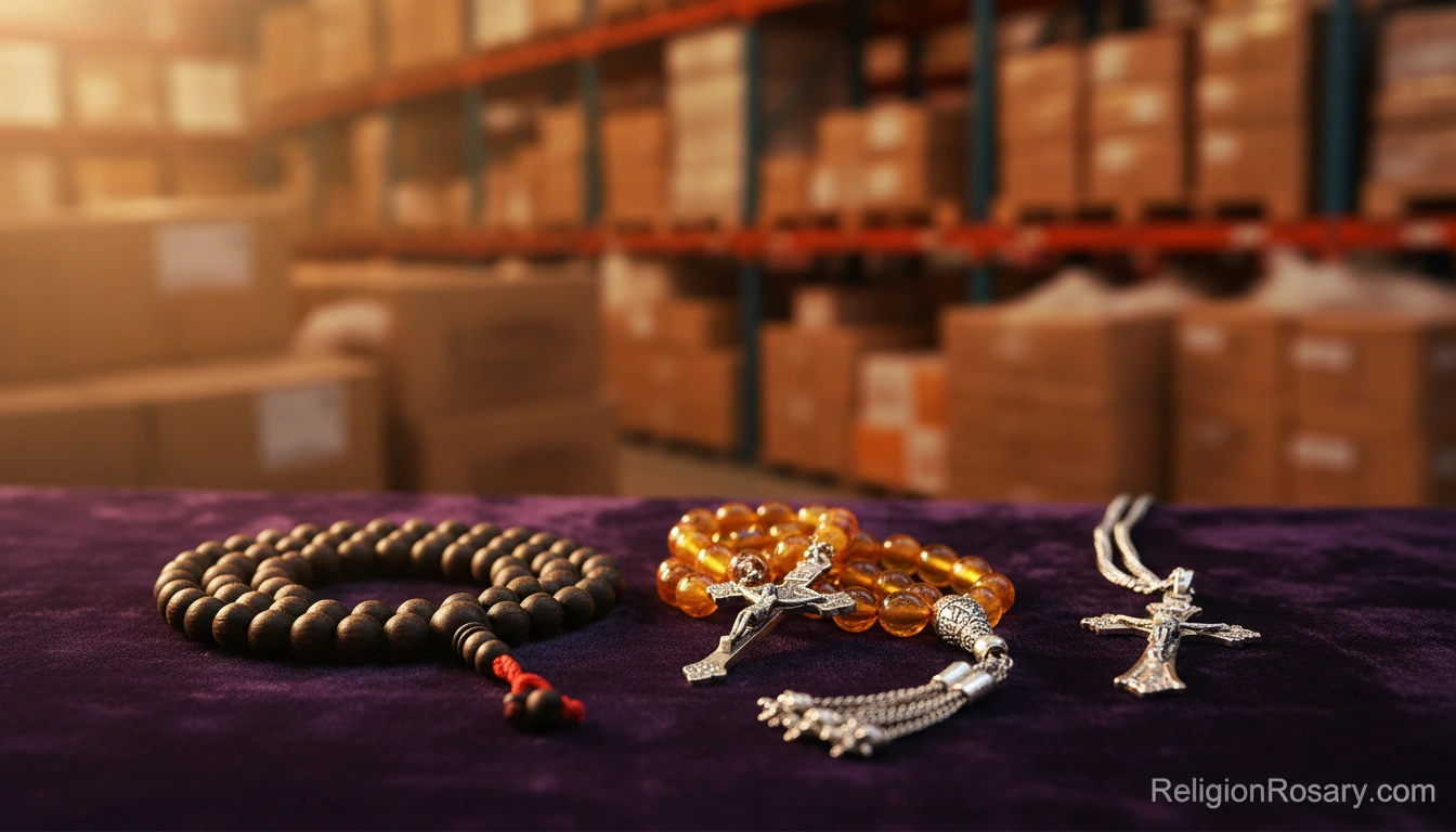 Catholic rosary, Islamic misbaha, Buddhist mala, and silver cross necklace from ReligionRosary.com on velvet