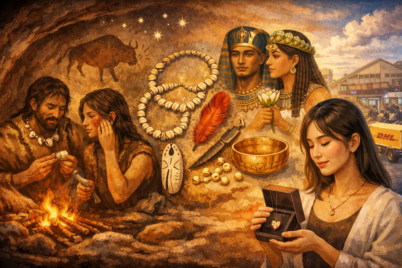 A wide horizontal illustration showing the evolution of human adornment, from prehistoric cave dwellers wearing shell necklaces and using red ochre pigments, to ancient gold ornaments, and finally to a modern woman unboxing a rose-gold pendant, symbolizing the continuity of beauty across 70,000 years.