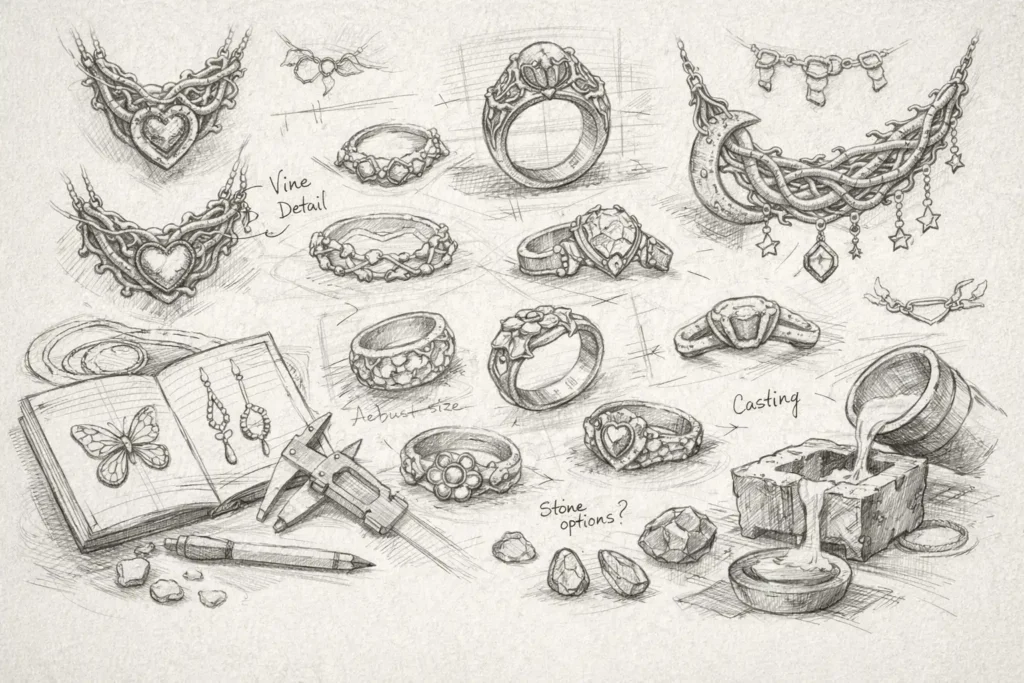 A detailed pencil sketch showing various jewelry designs, including rings, necklaces, and earrings with vine, heart, and floral motifs. Annotations such as “Vine Detail,” “Casting,” and “Stone options?” suggest a design process. Tools like calipers, a pencil, and a notebook with butterfly sketches are scattered around, along with a mold being filled with molten metal, symbolizing the transition from digital modeling to physical production. This image represents the creative workflow behind custom 3D-printed jewelry made in Yiwu, China.