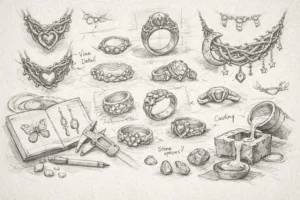 A detailed pencil sketch showing various jewelry designs, including rings, necklaces, and earrings with vine, heart, and floral motifs. Annotations such as “Vine Detail,” “Casting,” and “Stone options?” suggest a design process. Tools like calipers, a pencil, and a notebook with butterfly sketches are scattered around, along with a mold being filled with molten metal, symbolizing the transition from digital modeling to physical production. This image represents the creative workflow behind custom 3D-printed jewelry made in Yiwu, China.