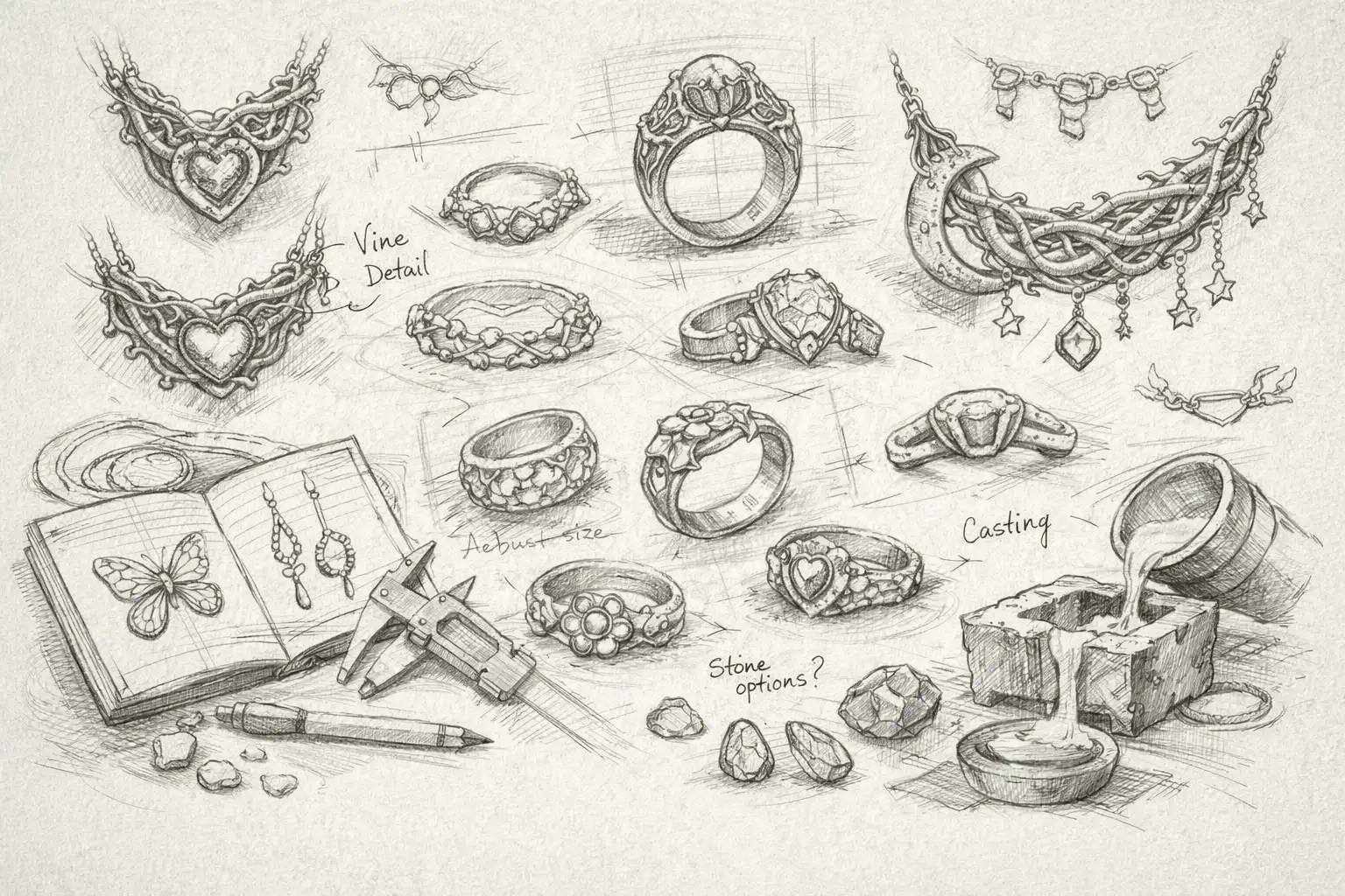 A detailed pencil sketch showing various jewelry designs, including rings, necklaces, and earrings with vine, heart, and floral motifs. Annotations such as “Vine Detail,” “Casting,” and “Stone options?” suggest a design process. Tools like calipers, a pencil, and a notebook with butterfly sketches are scattered around, along with a mold being filled with molten metal, symbolizing the transition from digital modeling to physical production. This image represents the creative workflow behind custom 3D-printed jewelry made in Yiwu, China.