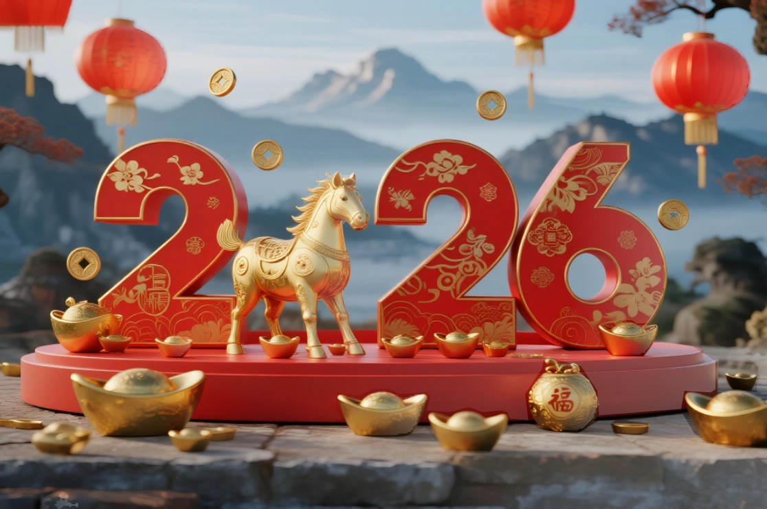 Golden horse figurine and red "2026" numbers celebrating Chinese New Year, surrounded by gold ingots, red lanterns, and traditional Chinese patterns — symbolizing prosperity and the Year of the Horse