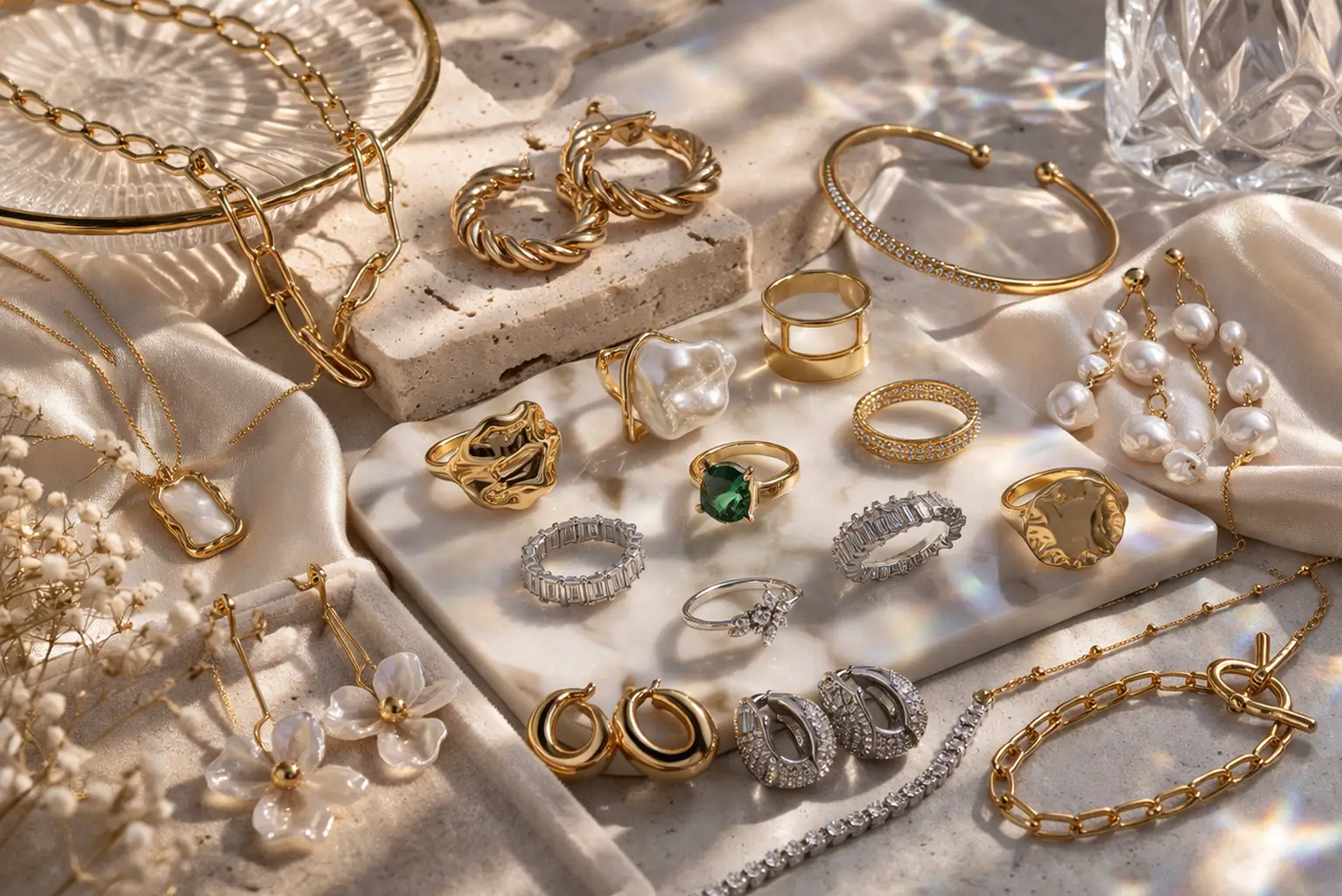 A high-end still-life photograph featuring a wide assortment of gold and silver rings, necklaces, bracelets, earrings, and pearl accessories arranged on marble and satin surfaces under soft natural light, showcasing refined craftsmanship and premium textures.