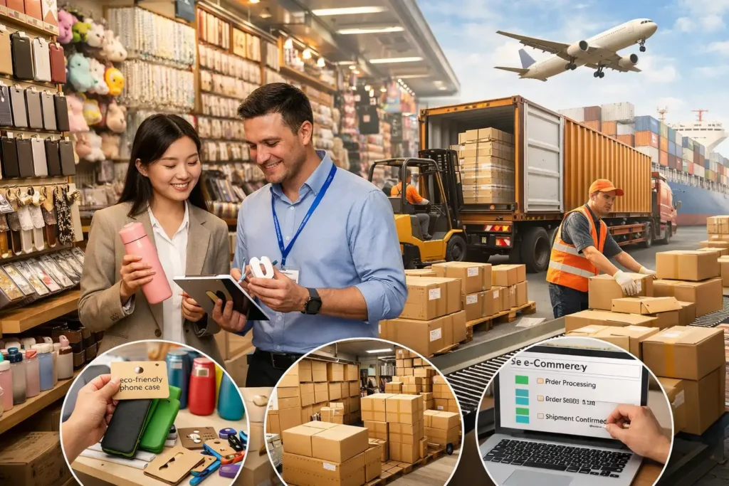 Yiwu sourcing agent helping international client select products with multi supplier sourcing warehouse consolidation and global shipping logistics